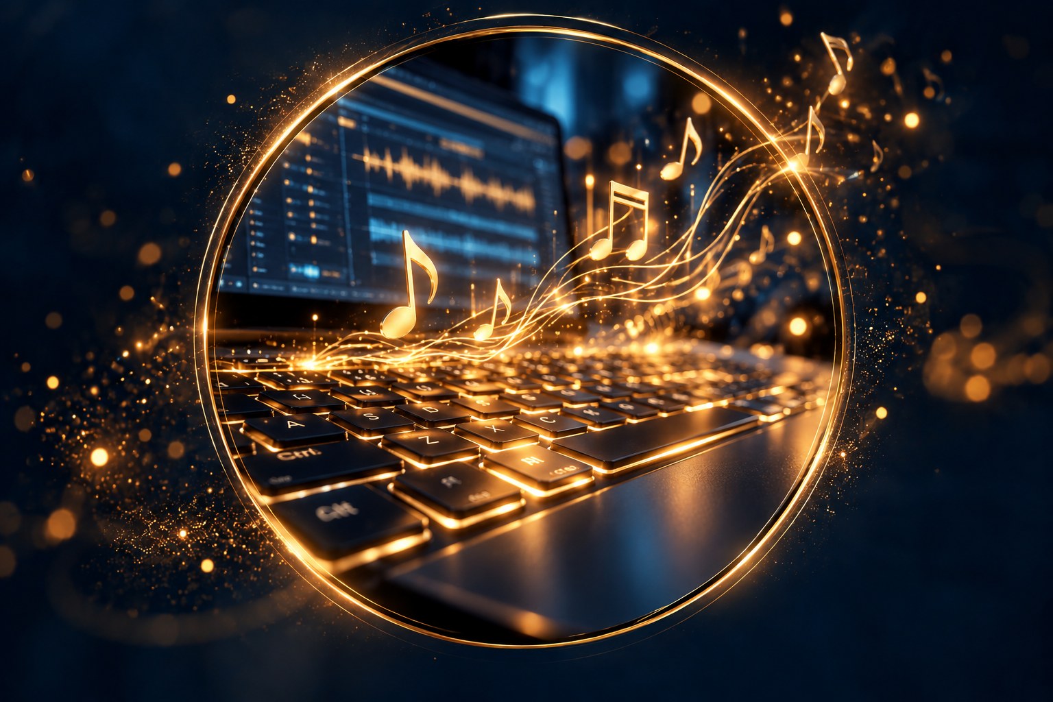 Tastiera del computer con note musicali luminose dorate